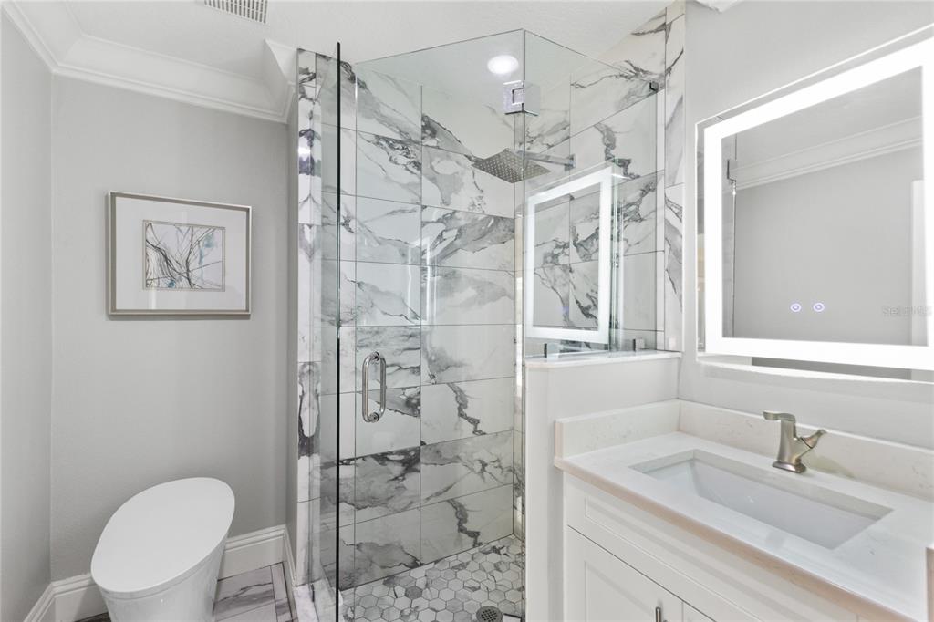 3663 Berger Road Lutz, FL 33548 - Photo 24 of 65 a bathroom with a sink toilet a mirror and shower