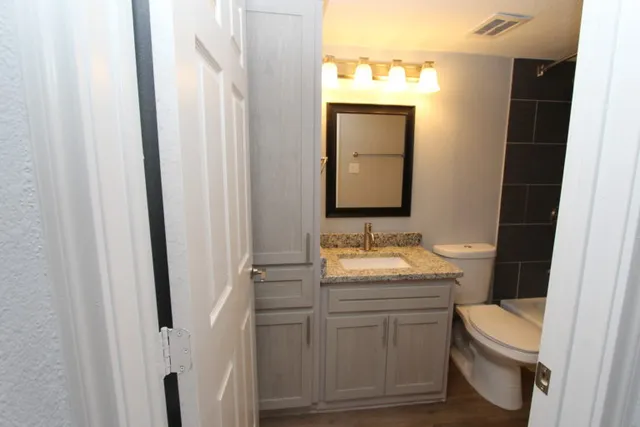 a bathroom with a granite countertop toilet sink and mirror