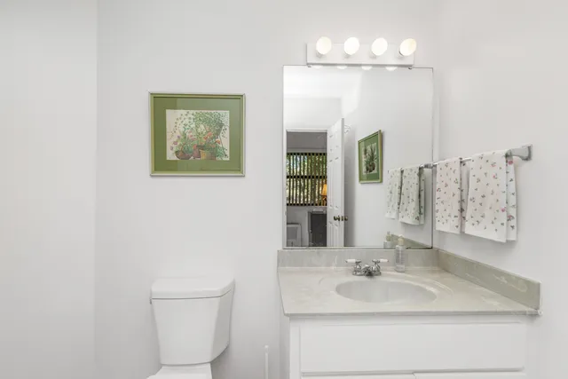 a bathroom with a sink a toilet and mirror