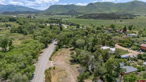 an aerial view of green landscape with trees houses and mountain view