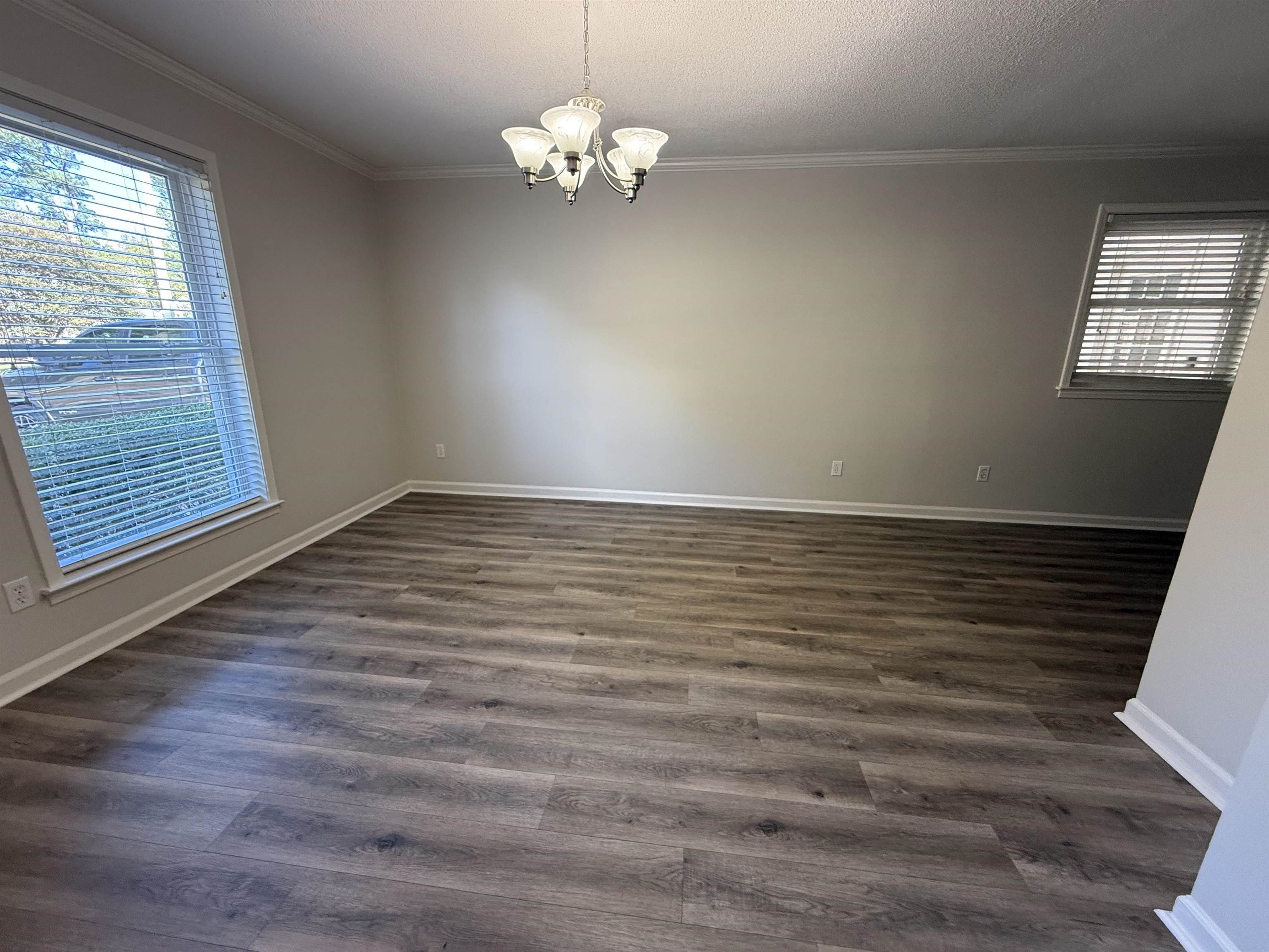 5701 Baird Drive Memphis, TN 38119 - Photo 6 of 12 Empty room featuring plenty of natural light, a chandelier, dark wood-style floors, crown molding, and a textured ceiling