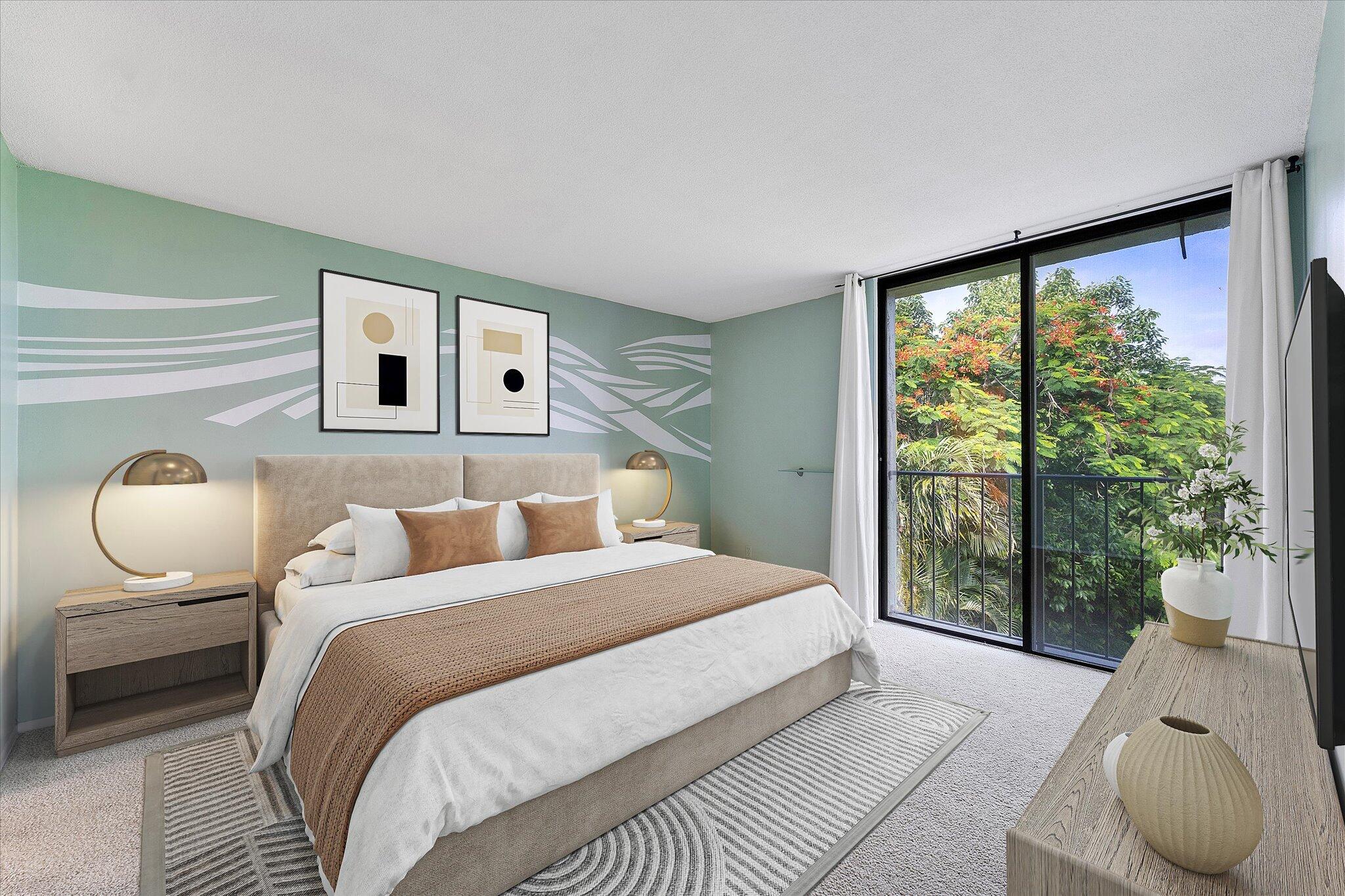 501 Southwest 11th Place, Unit 418 Boca Raton, FL 33432 - Photo 12 of 35 a bedroom with a large bed and a large window