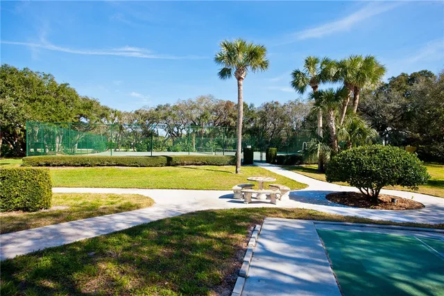 a view of a swimming pool with a yard and palm trees