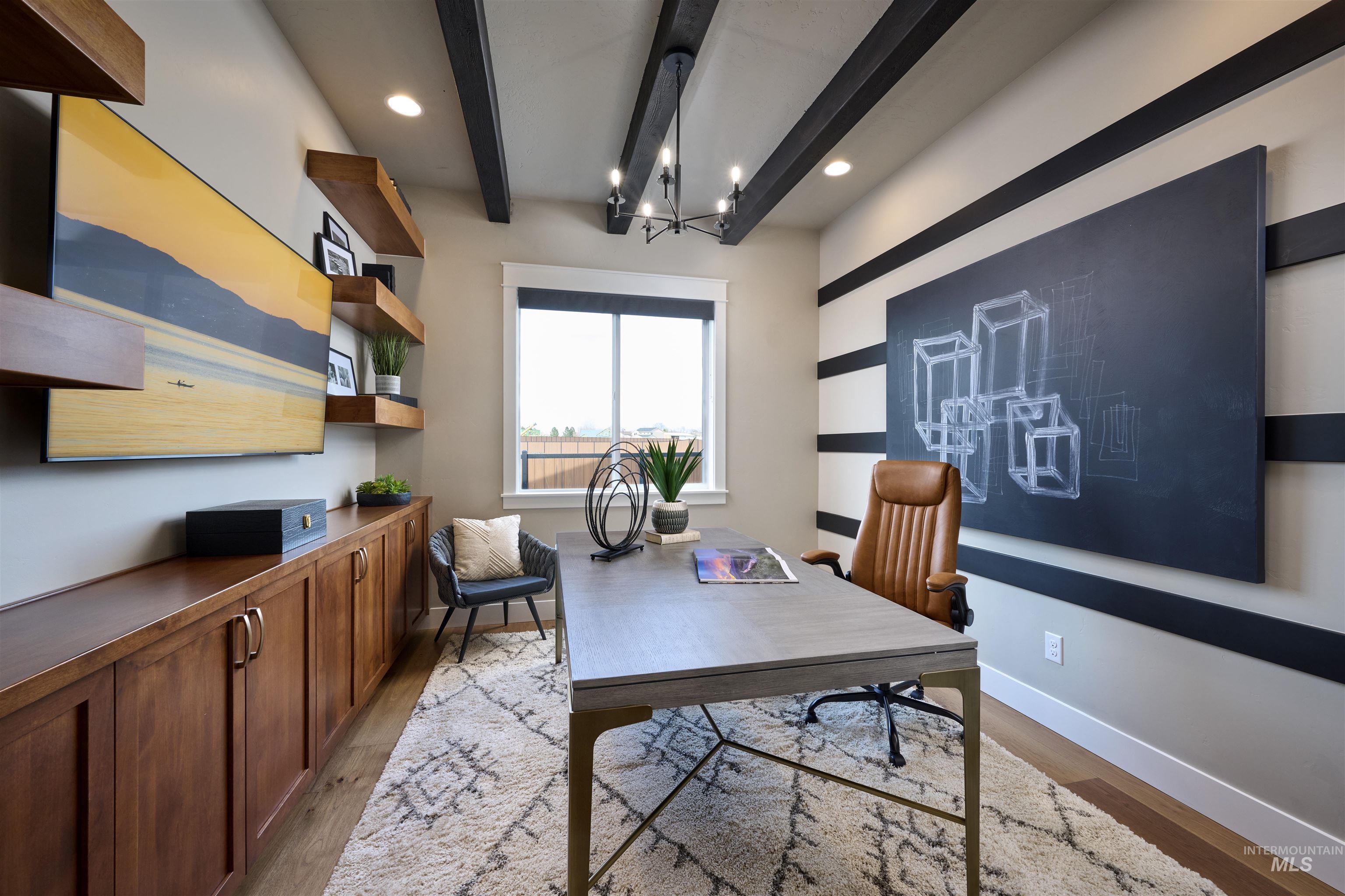 3370 North Del Sol Way Star, ID 83669 - Photo 17 of 30 Office space featuring light wood-style floors, a chandelier, and beamed ceiling