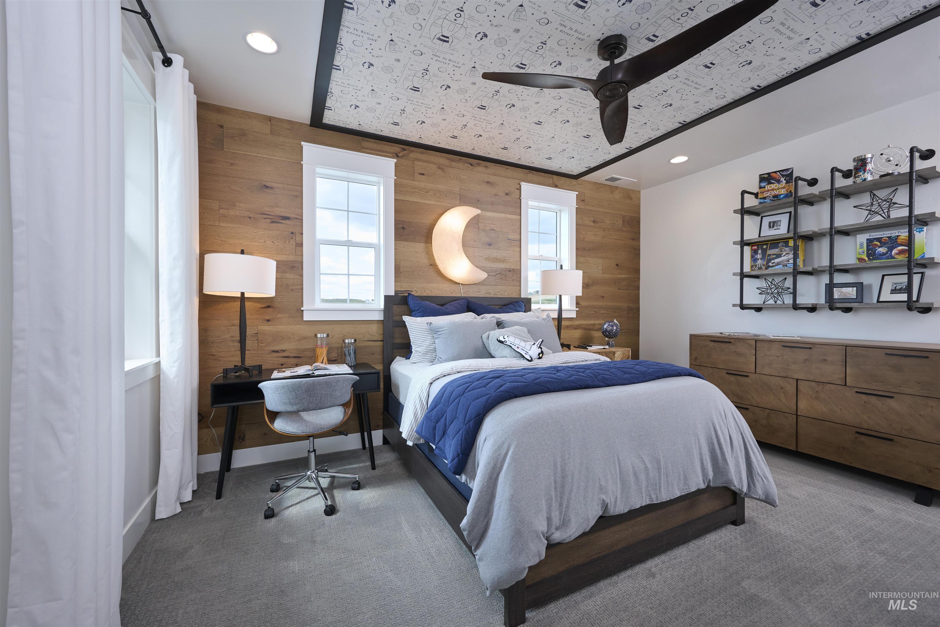 3370 North Del Sol Way Star, ID 83669 - Photo 28 of 30 Carpeted bedroom with wood walls, recessed lighting, and ceiling fan