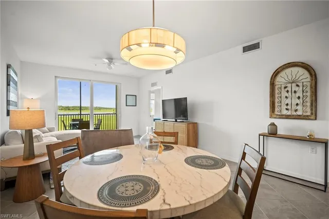 a view of a dining room with furniture window and outside view