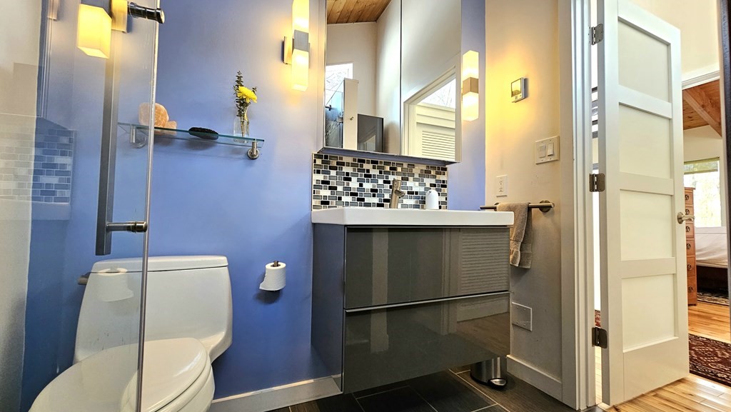 28 Butterhill Road Pelham, MA 01002 - Photo 19 of 42 a bathroom with a toilet and a shower