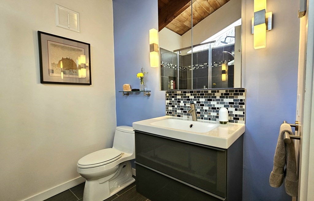 28 Butterhill Road Pelham, MA 01002 - Photo 20 of 42 a bathroom with a sink mirror and toilet