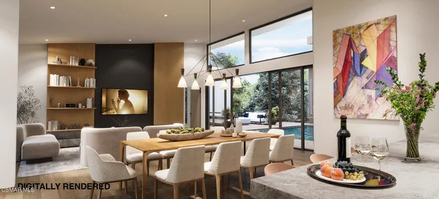 a dining room with furniture a floor to ceiling window and kitchen view