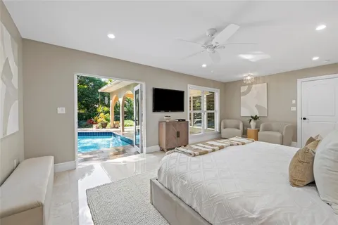 a spacious bedroom with a bed and a flat screen tv