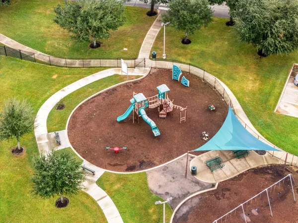 an aerial view of a swimming pool