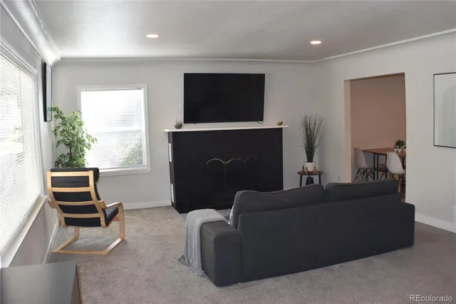 a living room with furniture a flat screen tv and a fireplace