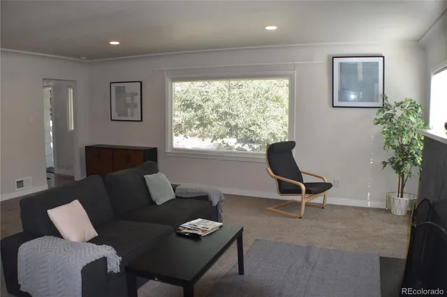 a living room with furniture and a potted plant