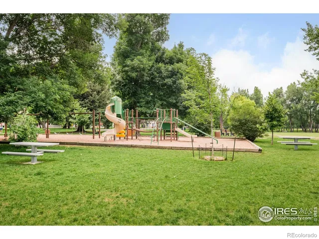 a view of a park with large trees
