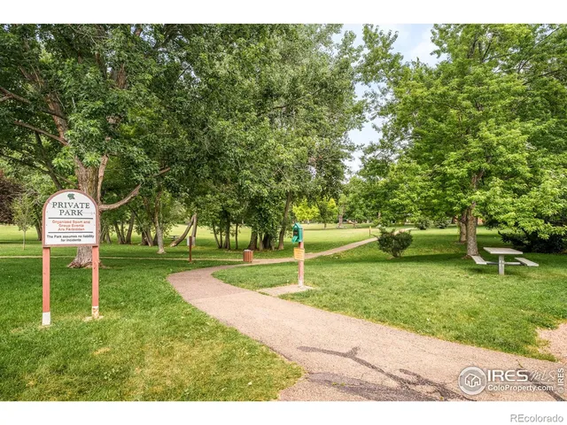a garden with trees in the background