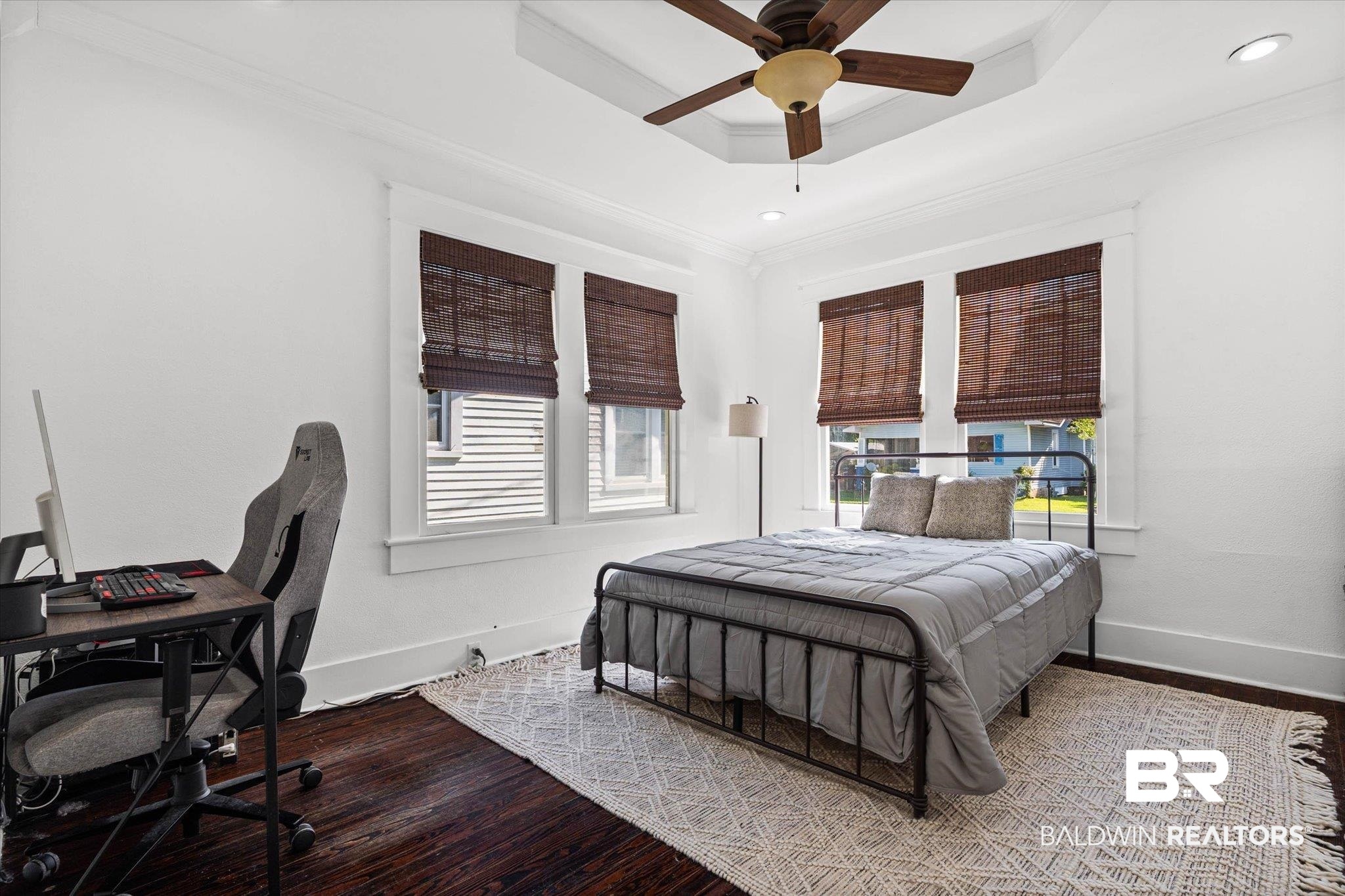 121 North Carlen Street Mobile, AL 36607 - Photo 14 of 21 Bedroom with ornamental molding, wood finished floors, a ceiling fan, recessed lighting, and a tray ceiling