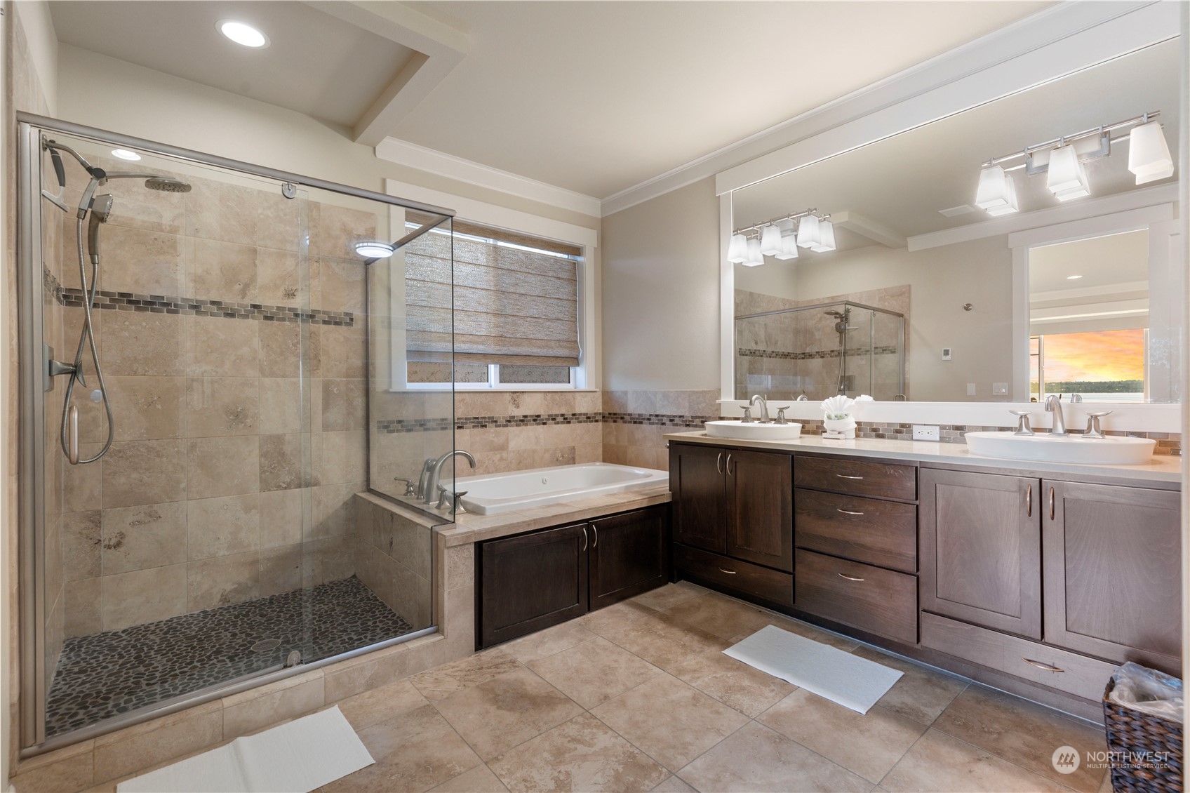 3318 Lake Washington Boulevard North Renton, WA 98056 - Photo 31 of 40 a bathroom with a granite countertop sink mirror and shower