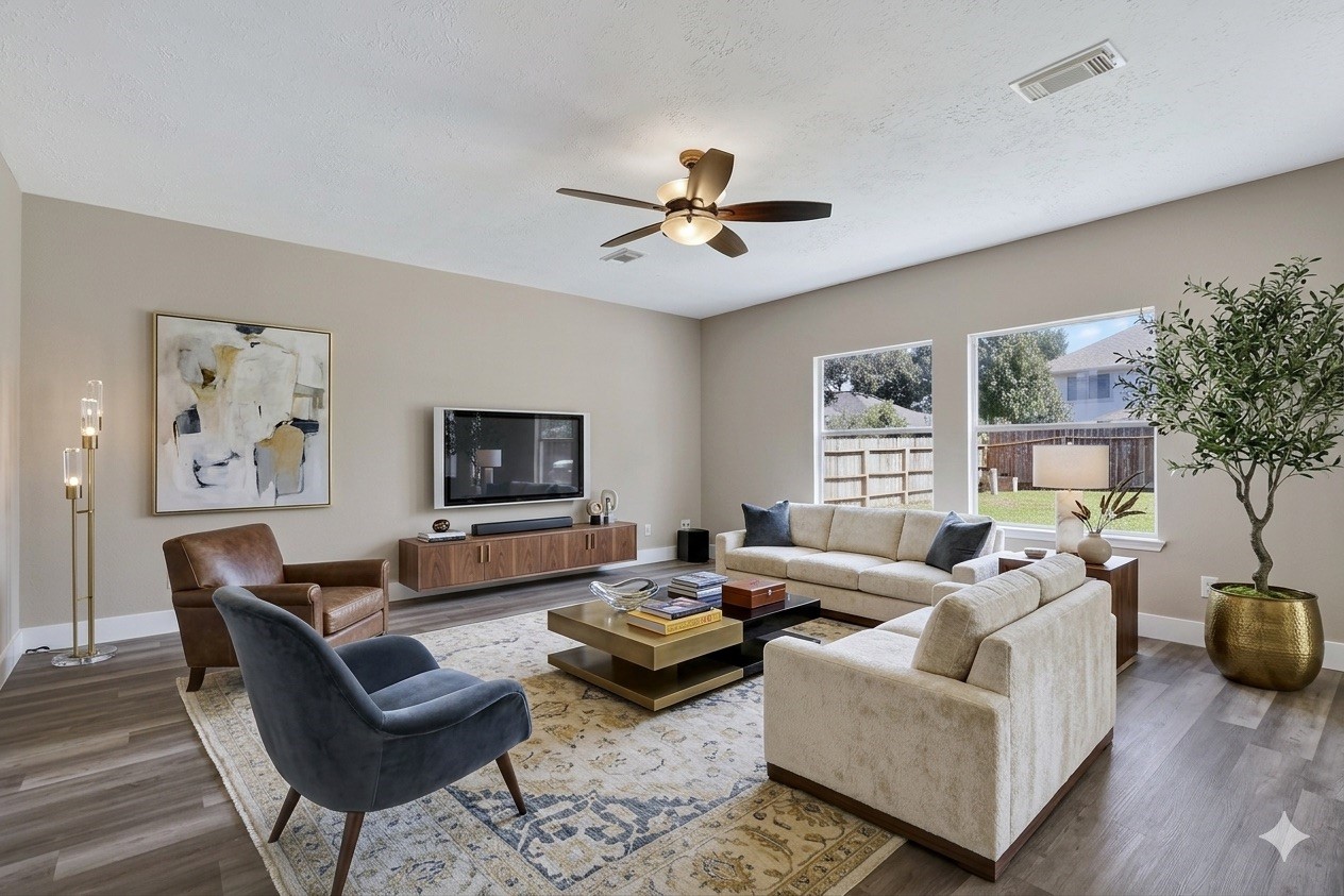 20926 Trellis Lane Houston, TX 77073 - Photo 3 of 22 The inviting living room boasts 10 ft ceilings and laminate flooring (virtually staged).