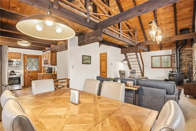 a view of a dining room with furniture