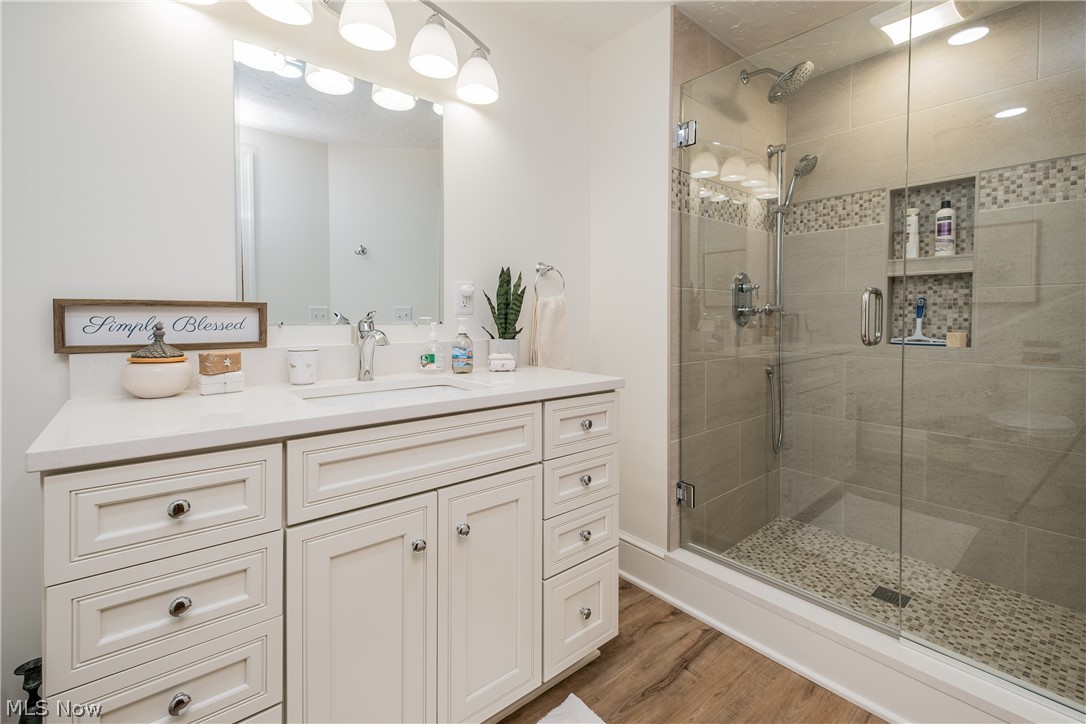 1415 Harbor Drive Northwest Canton, OH 44708 - Photo 42 of 46 Lower Level Bathroom featuring a shower with door, hardwood / wood-style flooring, and vanity
