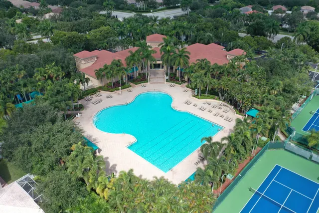 a view of a lake with a garden