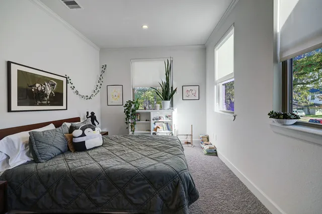 a bedroom with a bed and a couch