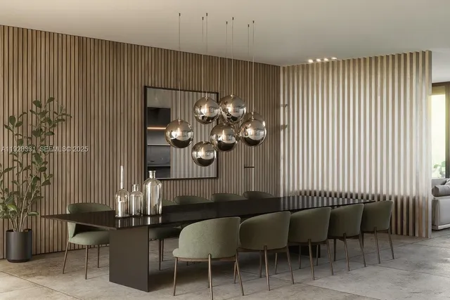 a dining room with furniture and chandelier