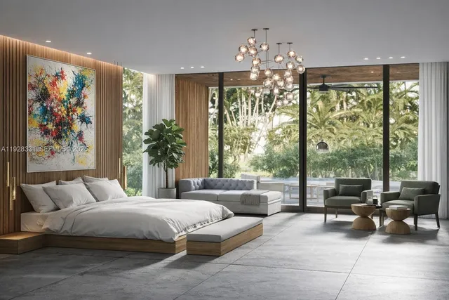 a spacious bedroom with a large bed and a large window