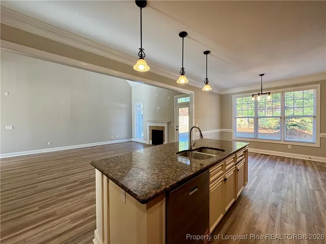 a kitchen with granite countertop stove a sink and a refrigerator