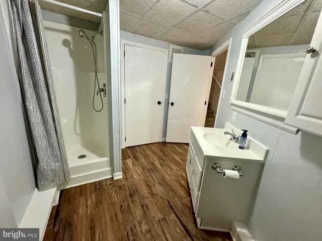 a bathroom with a sink a mirror and a shower