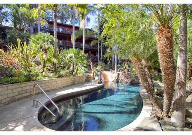 1247 Saxony Road Encinitas, CA 92024 - Photo 20 of 24 Pool area features a salt water black-bottemed split level pool, with slide. Solar panels help to keep it warm!