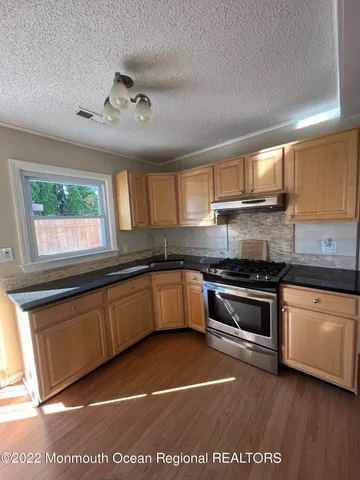 a kitchen with stainless steel appliances granite countertop a stove a sink and a microwave