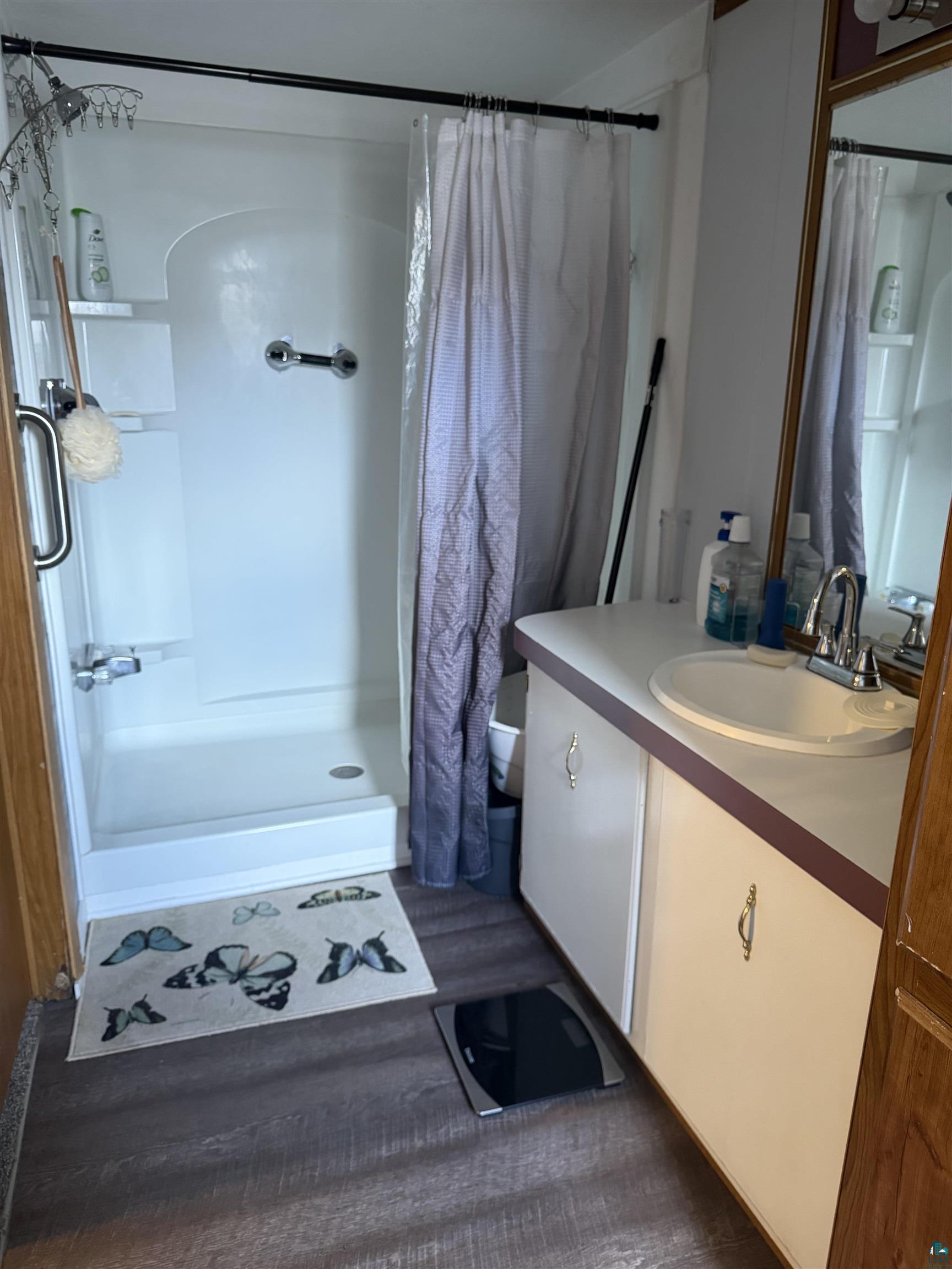 23 Juniper Lane Duluth, MN 55810 - Photo 9 of 12 Bathroom featuring a white shower stall with built-in shelving, a single vanity with a white basin sink, and wood-finish flooring