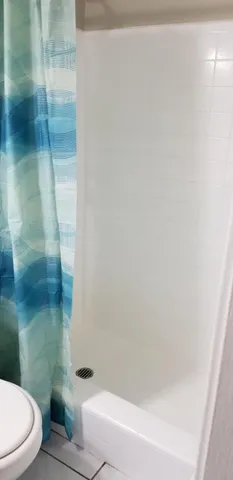 a bathroom with a shower and a toilet