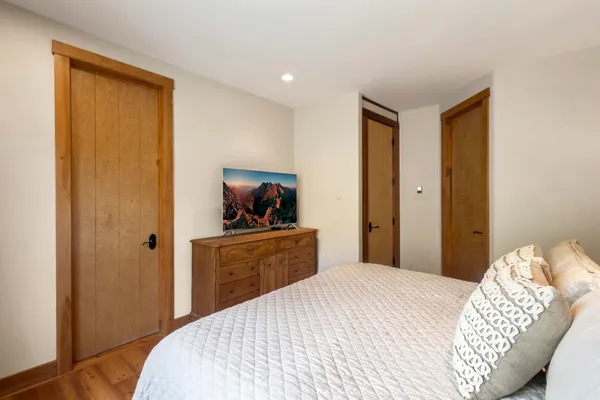 a bedroom with a bed and a closet