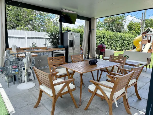 a view of a dining room with furniture window and outside view