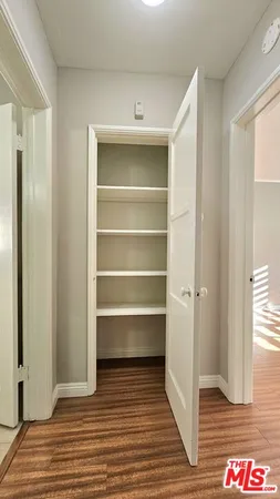 a room with walk in closet and wooden floor