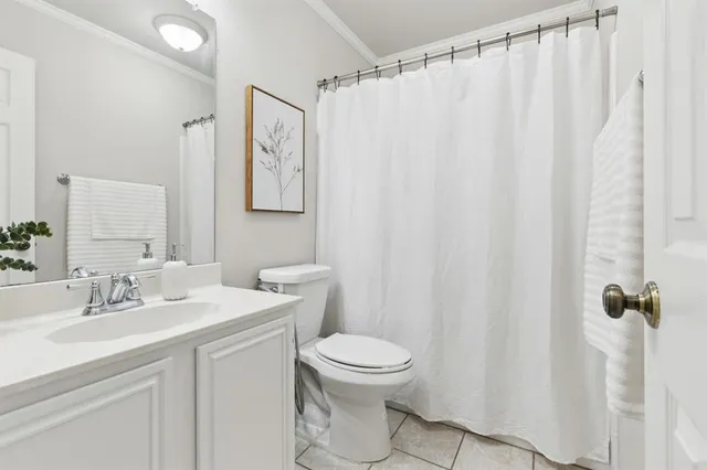 a bathroom with a sink a toilet and shower curtain