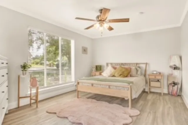 a bedroom with a bed and a large window