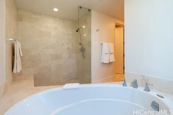 a bathroom with a bathtub and a shower