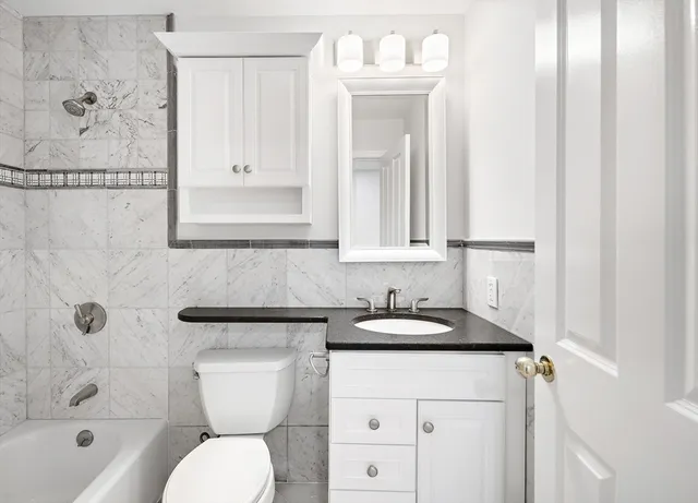 a bathroom with a sink a toilet and shower