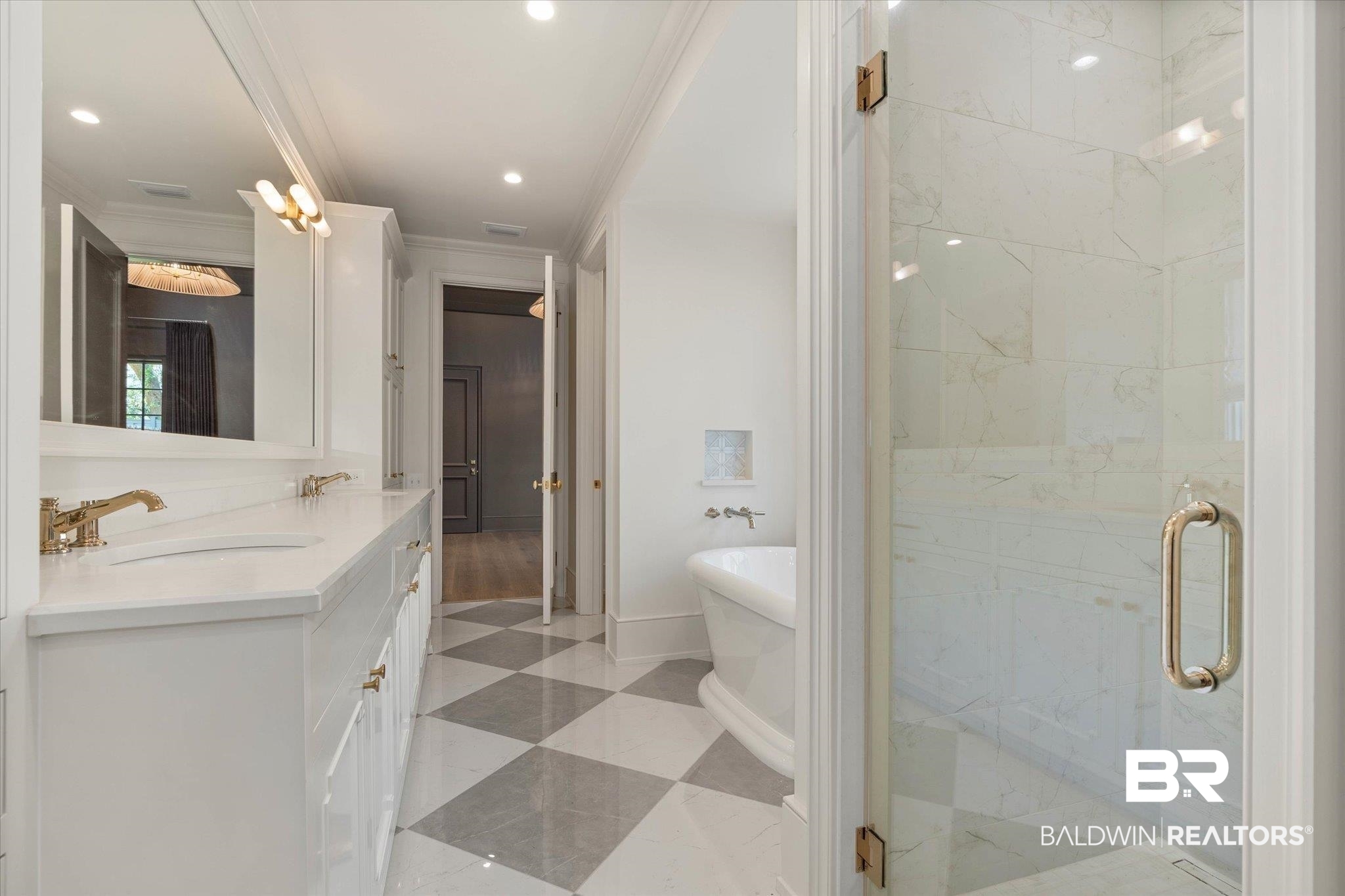 3 Canterbury Park Mobile, AL 36608 - Photo 19 of 43 Bathroom featuring crown molding, a soaking tub, a shower stall, double vanity, and recessed lighting