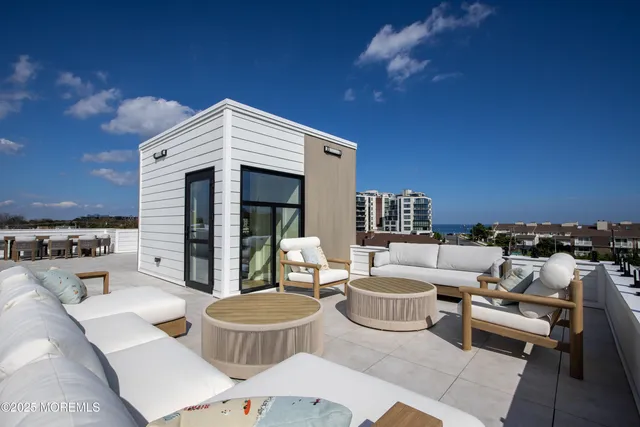a view of a patio with couches and a potted plant