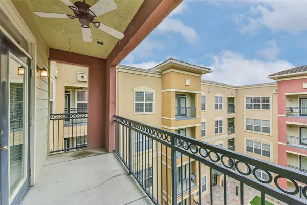 a view of a building from a balcony