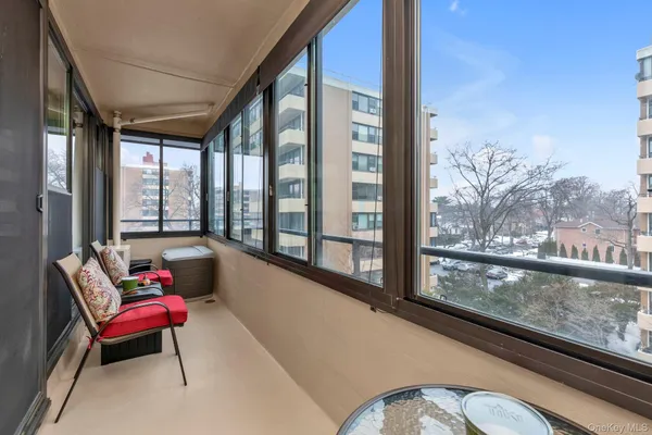 a building outdoor space with seating area