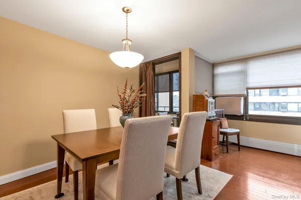 a view of a dining room with furniture window and wooden floor