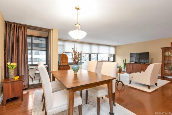 a view of a dining room with furniture window and wooden floor