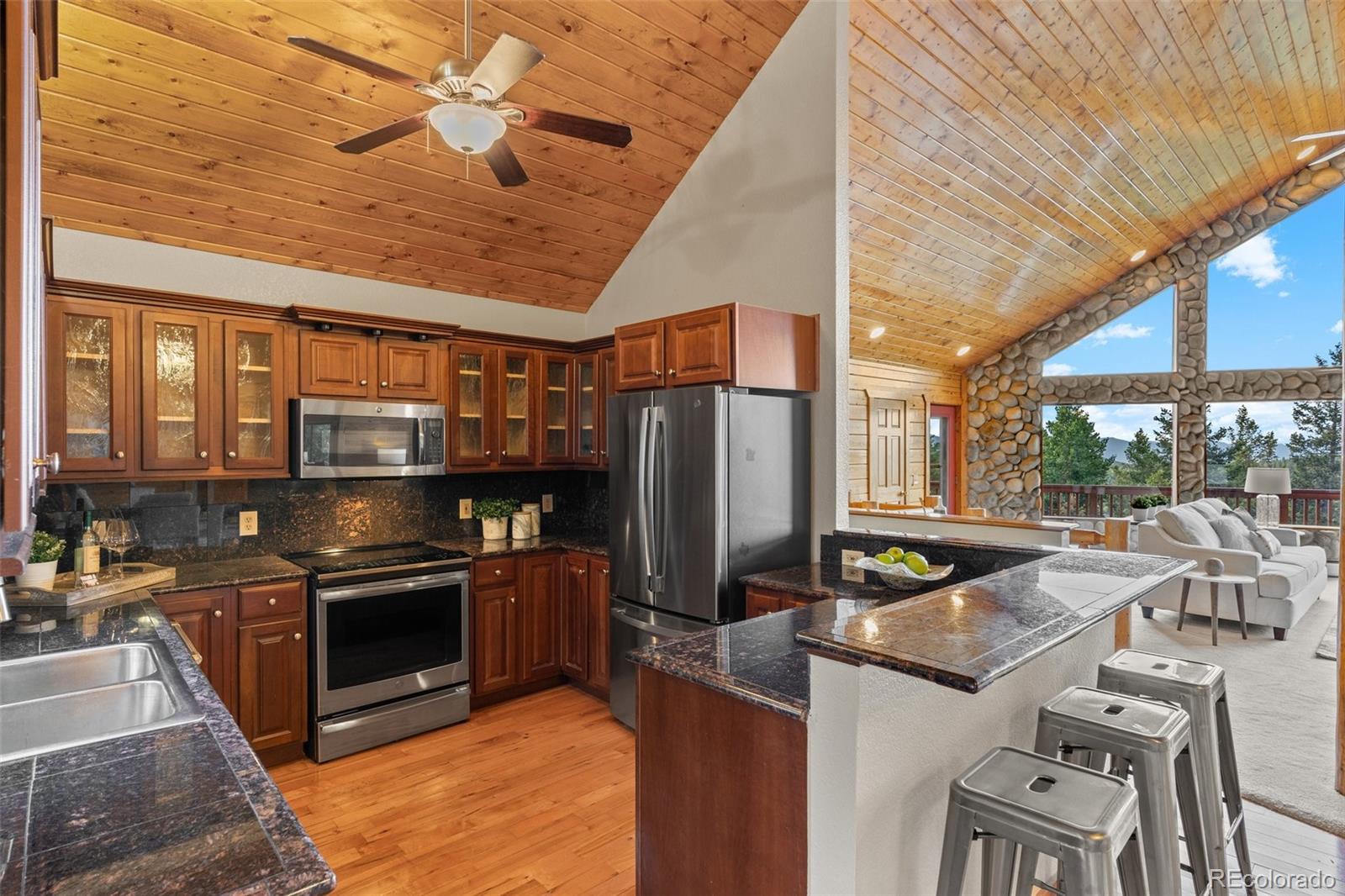 10248 Christopher Drive Conifer, CO 80433 - Photo 11 of 40 a kitchen with stainless steel appliances granite countertop a stove and a refrigerator