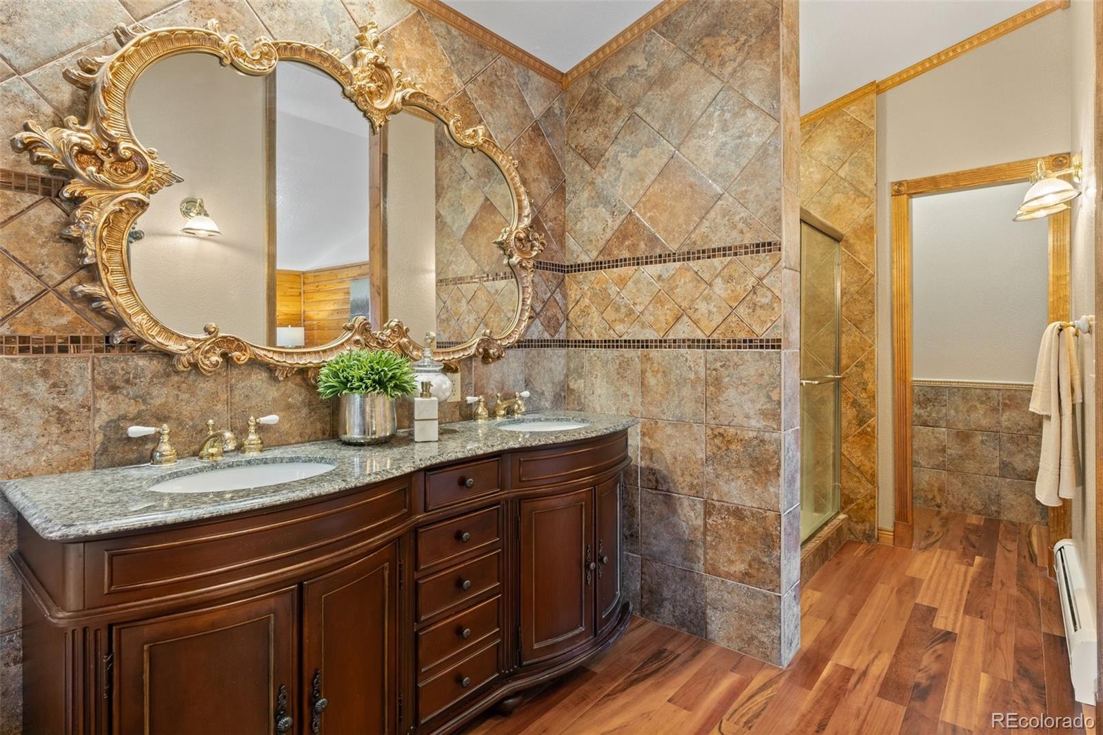 10248 Christopher Drive Conifer, CO 80433 - Photo 16 of 40 a bathroom with a granite countertop sink a mirror and shower