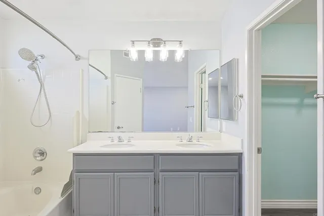 a bathroom with a sink double vanity and a bathtub
